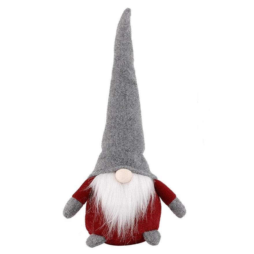 Ornament de Craciun Tip Spiridus, Figurina Decorativa cu Caciula Lunga, Material Textil Rezistent, 40 cm, Rosu si Gri