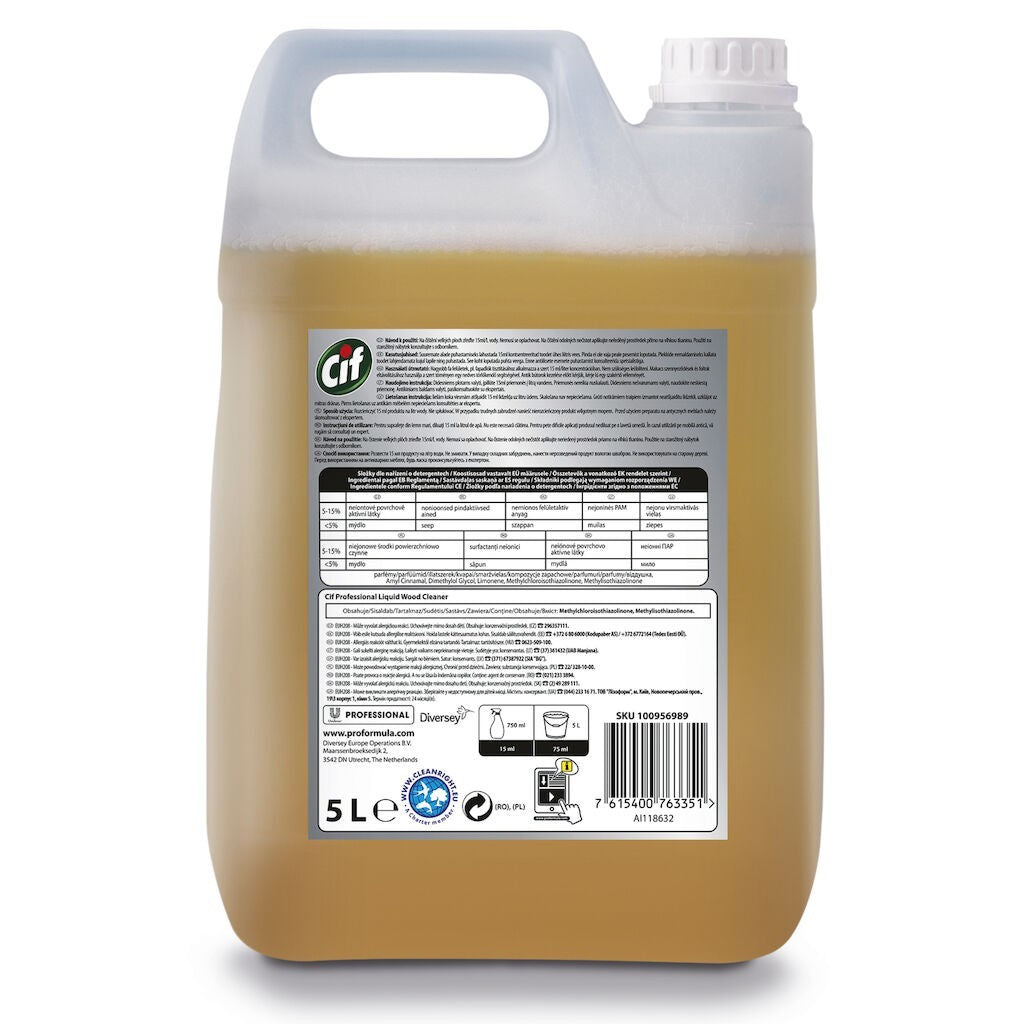 Cif Professional, Detergent pentru Pardoseli din Lemn Impermeabilizate, Curatare fara Clatire, Efect de Luciu, 5 L