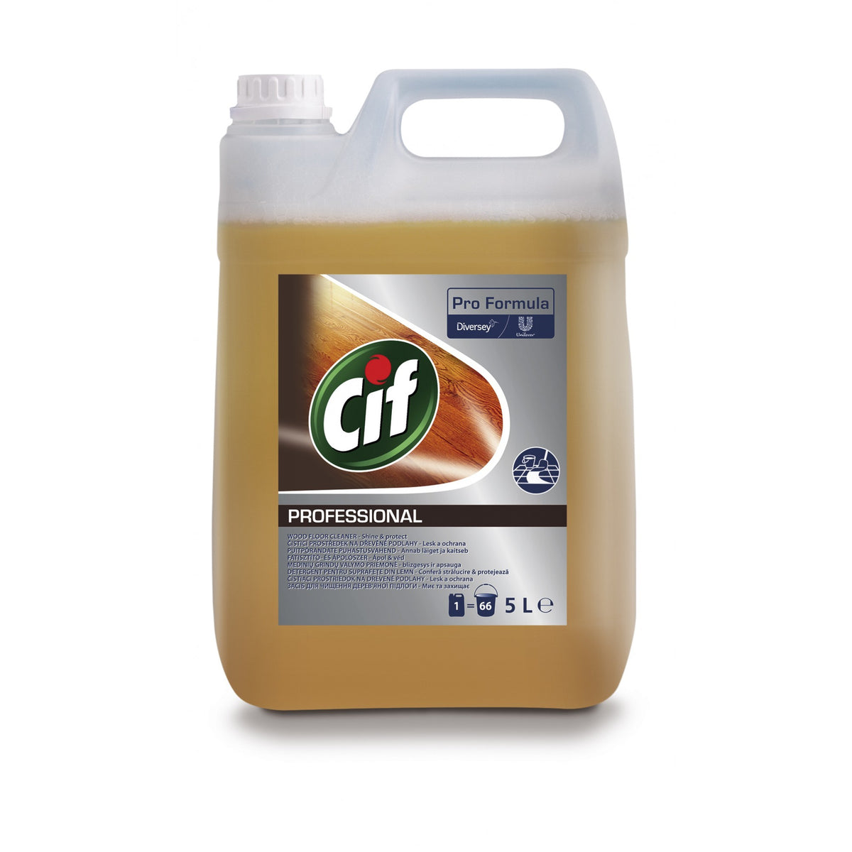 Cif Professional, Detergent pentru Pardoseli din Lemn Impermeabilizate, Curatare fara Clatire, Efect de Luciu, 5 L