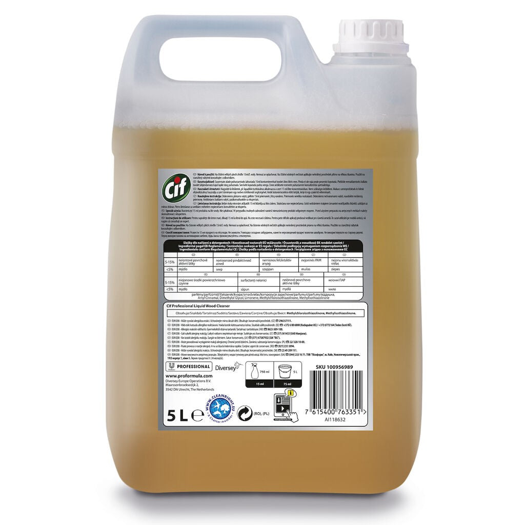Cif Professional Wood Floor Cleaner, Detergent Profesional pentru Pardoseli din Lemn Impermeabilizate, Efect de Lustruire, Fara Clatire, Bidon 2 x 5 L