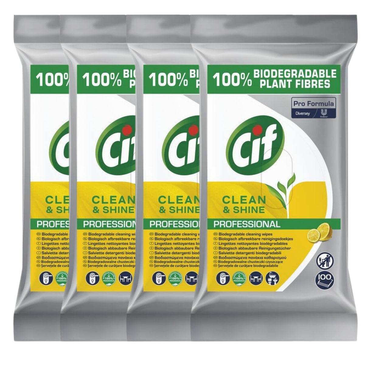 Pachet 4x Cif Professional Clean&Shine, Servetele Umede de Curatare Multifunctionale, Formula Biodegradabila, Textura Fagure, 400 Bucati (4 Pack x 100 Buc)