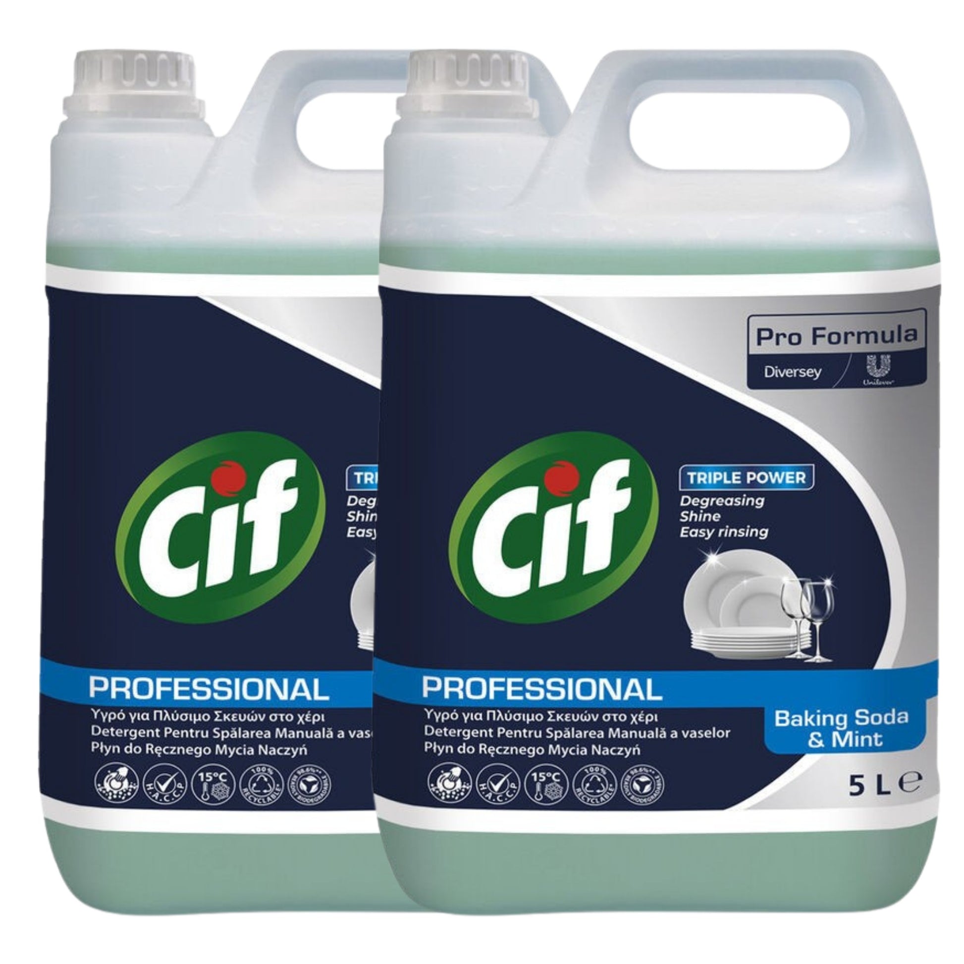Cif Professional Detergent de Vase Manual, Formula Ultra Degresanta cu Bicarbonat de Sodiu, Parfum de Menta, Bidon 5 L, Pachet 2 Bucati