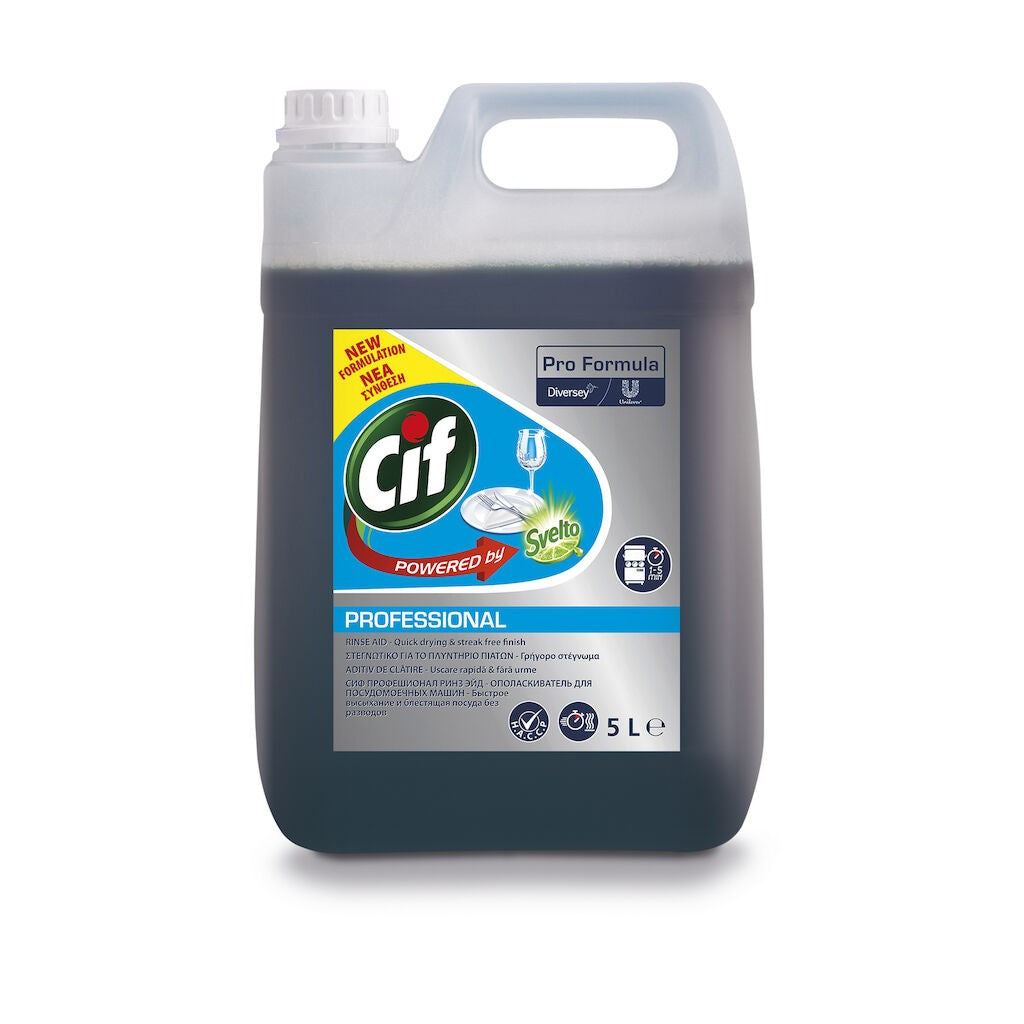 Cif Professional Rinse Aid, Agent de Clatire pentru Masini de Spalat Vase Profesionale, Uscare Rapida si Stralucire fara Urme, Apa Dura, Lichid, Pachet 2 x 5 L