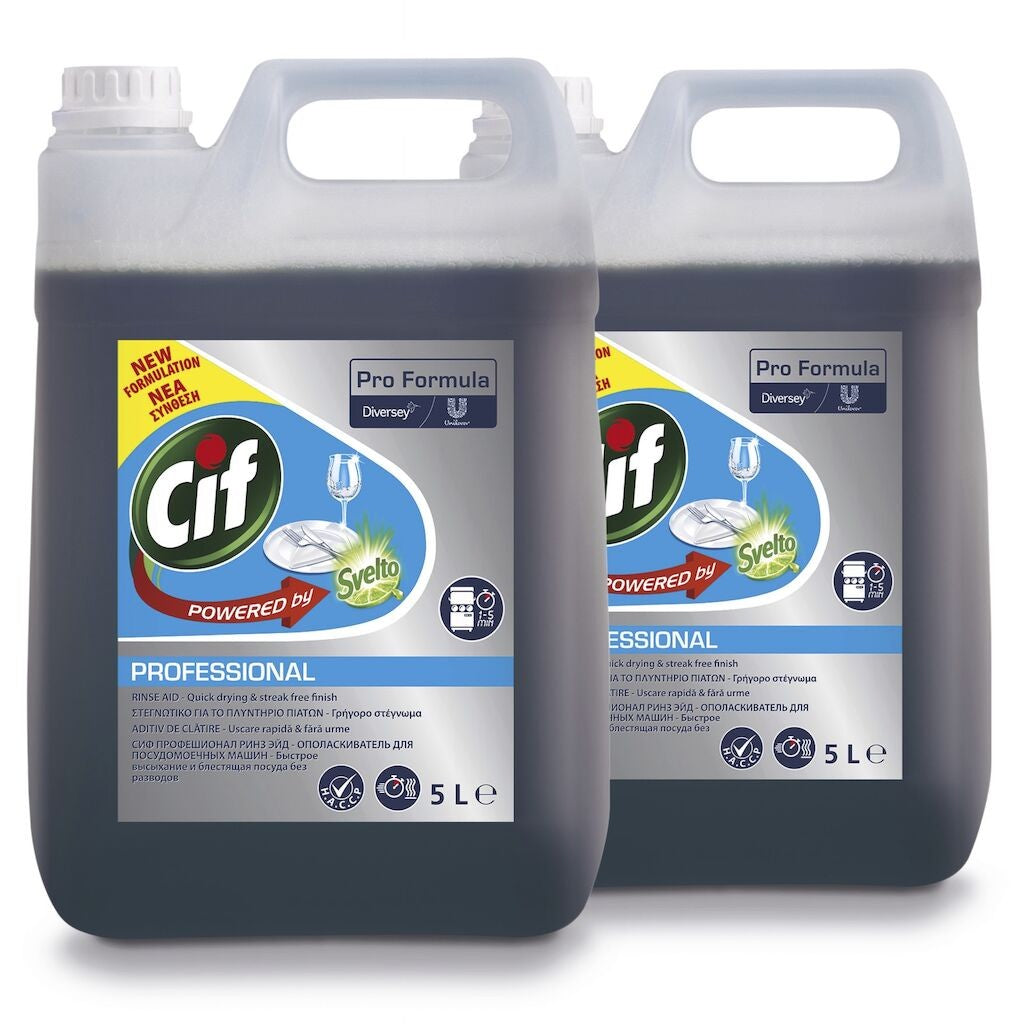 Cif Professional Rinse Aid, Agent de Clatire pentru Masini de Spalat Vase Profesionale, Uscare Rapida si Stralucire fara Urme, Apa Dura, Lichid, Pachet 2 x 5 L