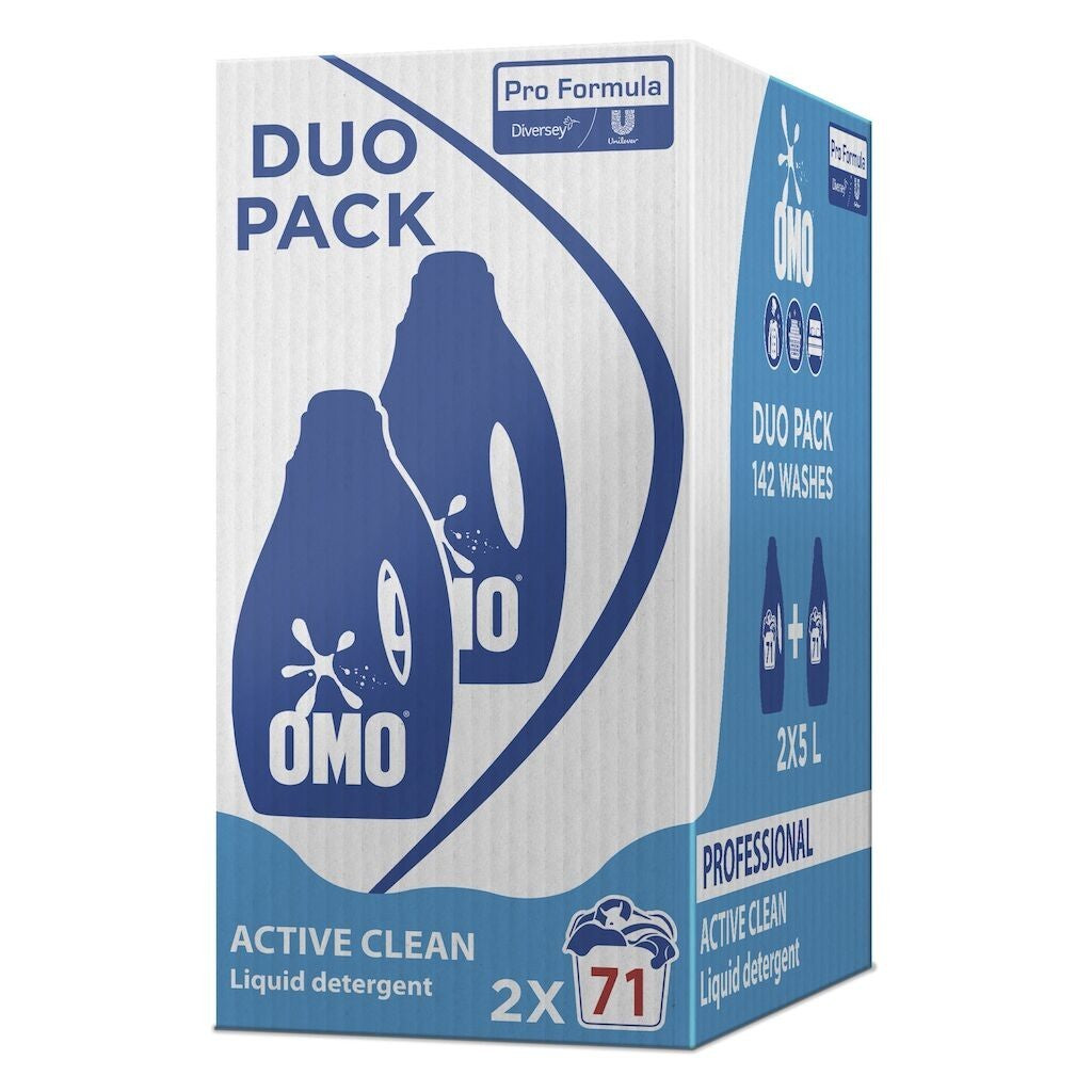 Omo Professional Active Clean, Detergent Lichid Rufe, Formula Enzimatica pentru Pete Dificile si Spalare Rapida, Fara Fosfati, 2 x 5 L