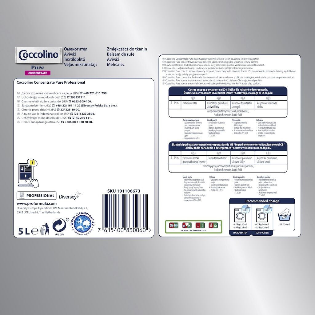Coccolino Professional Pure, Balsam de Rufe Concentrat, Formula Hipoalergenica pentru Piele Sensibila, Testat Dermatologic, 5 L