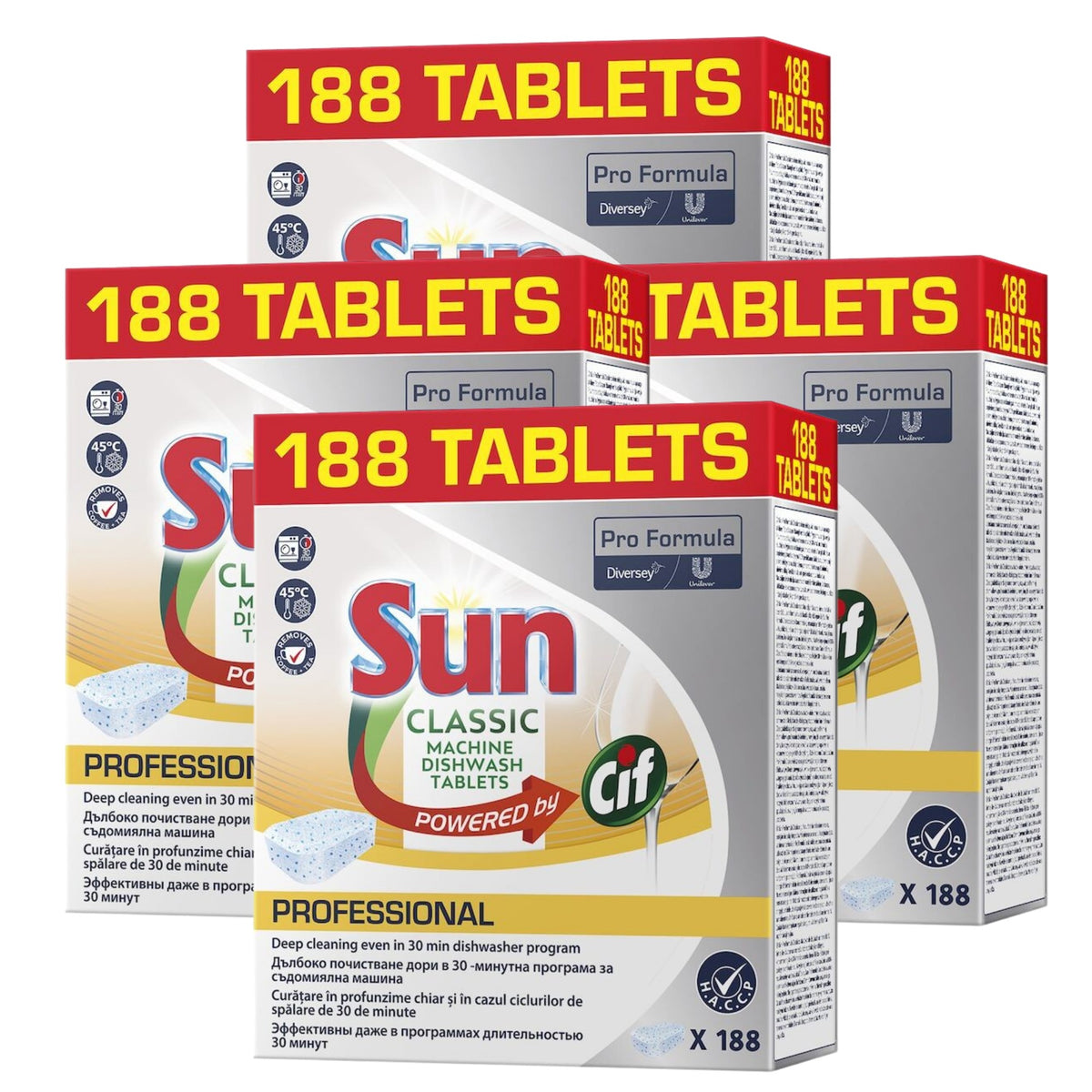 Sun Professional Classic, Tablete pentru Masina de Spalat Vase, Curatare in Profunzime si Protectie Sticla, Eficiente la Temperaturi Scazute, Pachet 4 x 188 Bucati