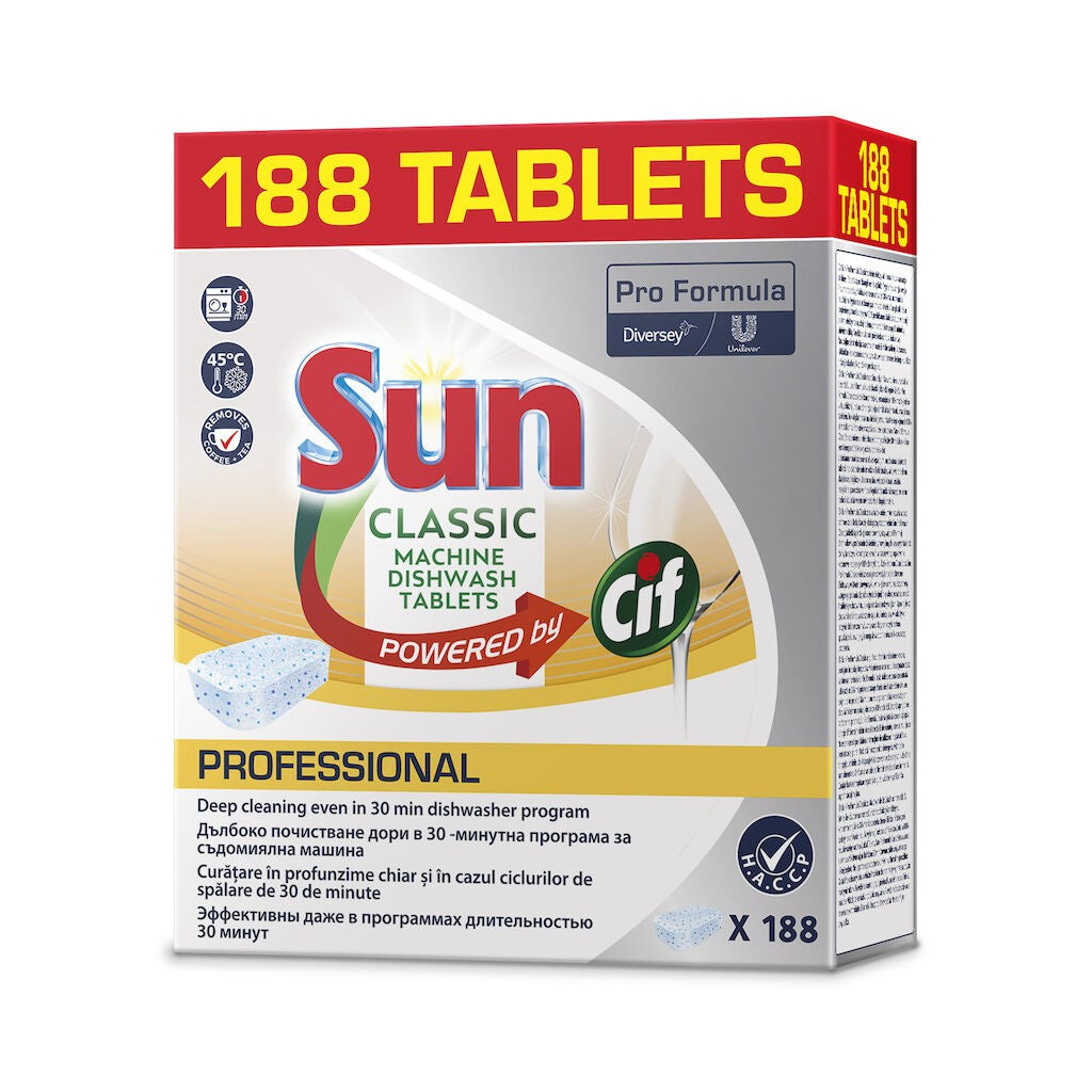 Sun Professional Classic, Tablete pentru Masina de Spalat Vase, Curatare in Profunzime si Protectie Sticla, Eficiente la Temperaturi Scazute, Formula Concentrata, 188 Bucati