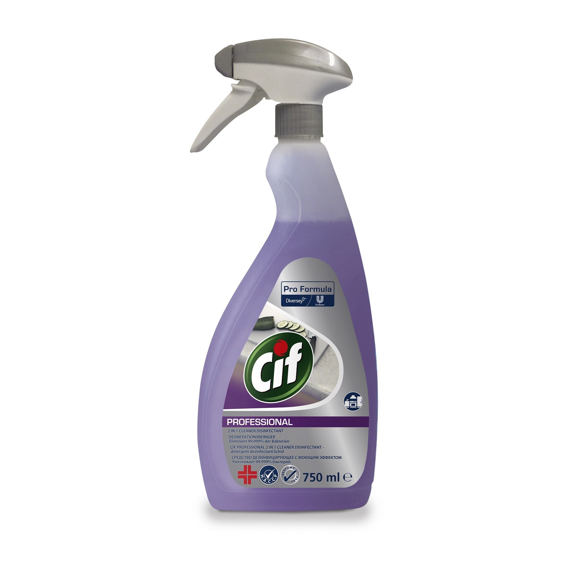 Cif Professional Detergent Dezinfectant 2 in 1, Degresant Fara Parfum Pentru Suprafete Alimentare, Actionare Rapida, 750 ml