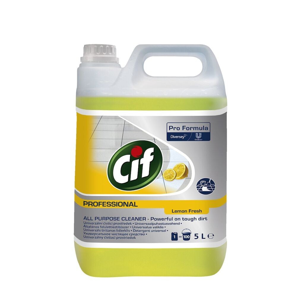 Cif Professional APC Lemon Fresh, Detergent Universal Multisuprafete, Curatare Fara Clatire, Formula Degresanta, Parfum de Lamaie, Bidon 5 L