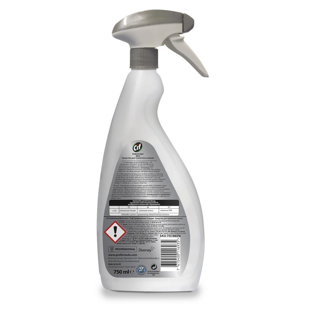 Cif Professional Washroom, Detergent si Detartrant 2 in 1 pentru Baie, Elimina Calcarul si Reziduurile de Sapun, Sigur pe Crom si Inox, Pulverizator, 750 ml