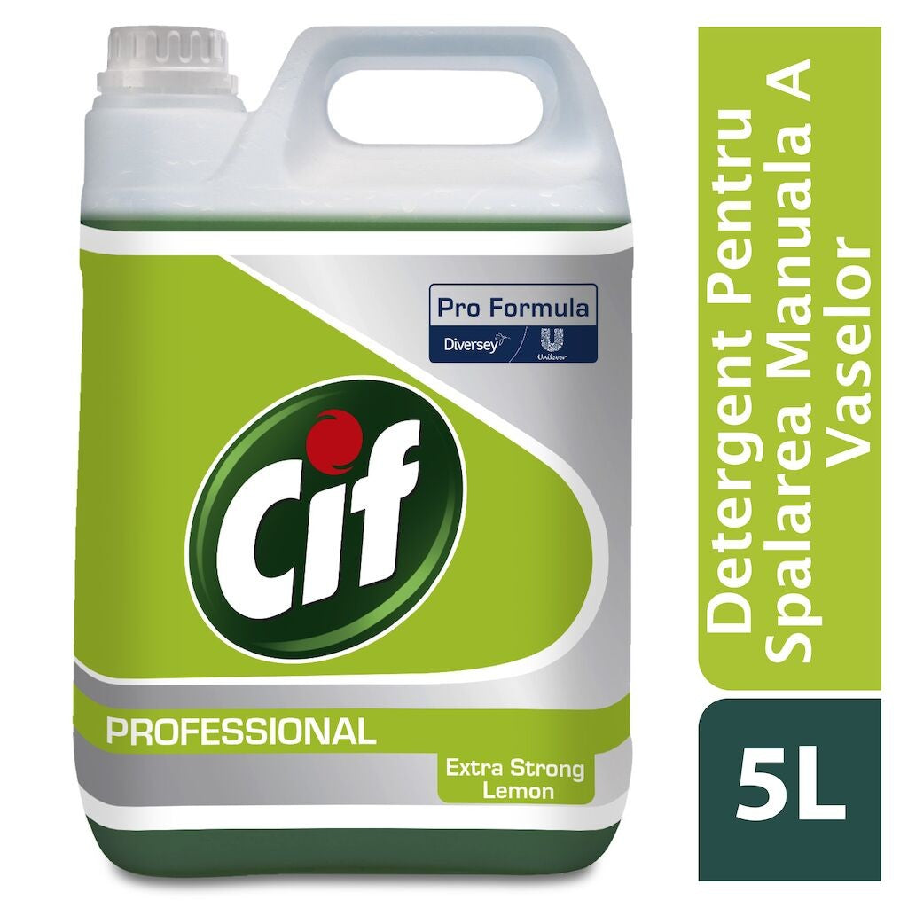 Cif Professional Dishwasher Extra Strong Lemon, Detergent Lichid Concentrat pentru Spalarea Manuala a Vaselor, Formula Degresanta cu pH Neutru, Aroma Lamaie, 2 x 5 L