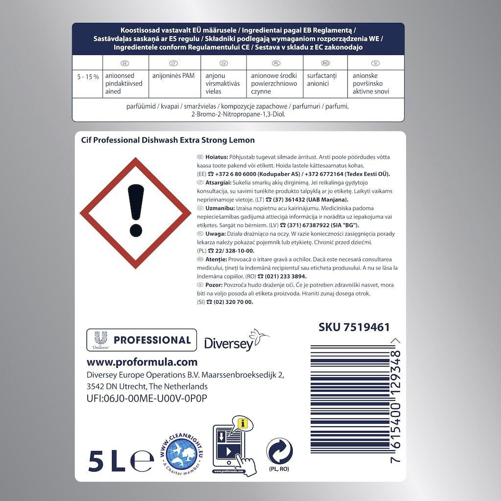 Cif Professional Extra Strong Lemon, Detergent Lichid Concentrat pentru Spalarea Manuala a Vaselor, Formula Degresanta cu pH Neutru, Parfum Lamaie, 5 L