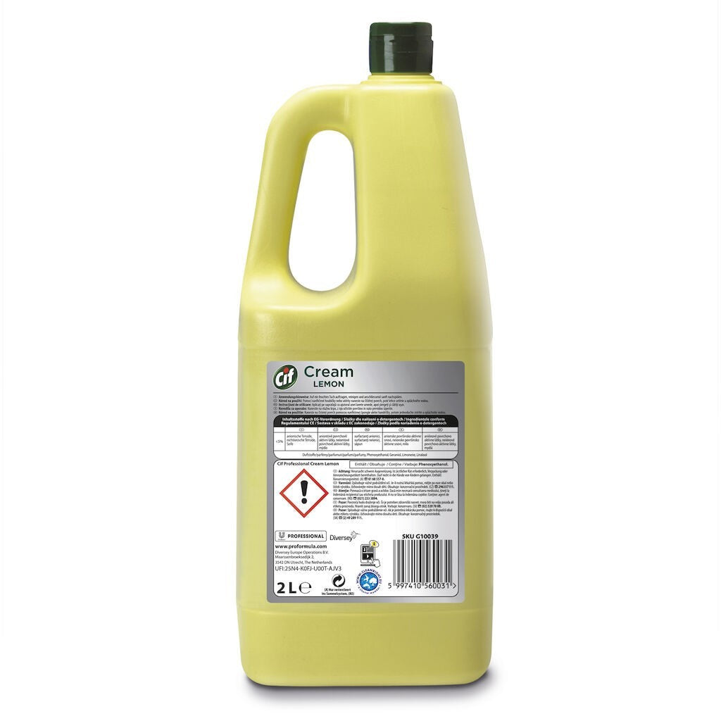 Cif Professional Crema de Curatare Lemon, Detergent Non-Abraziv pentru Bucatarie si Baie, Eficient Impotriva Grasimii, Parfum de Lamaie, 2 L